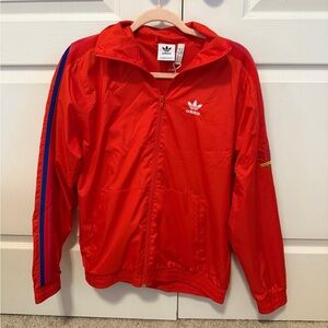 Adidas Red Windbreaker Jacket with Navy Stripes and Trefoil Logo